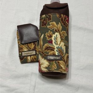 Longaberger Floral Bottle Carrier and Pouch in Olive, Brown, Cream